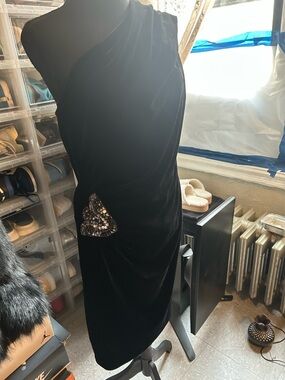 One-Shoulder Black Velvet Dress with Sequin Accent